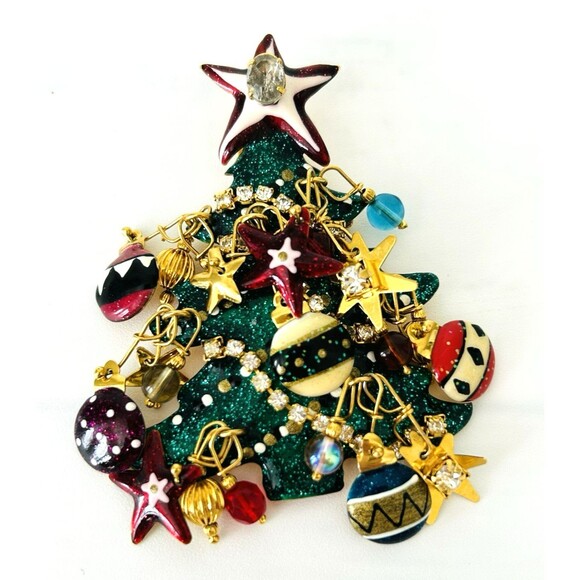 Lunch At The Ritz LATR Christmas Tree Brooch Enamel Rhinestone Pin Pendant - Picture 2 of 4